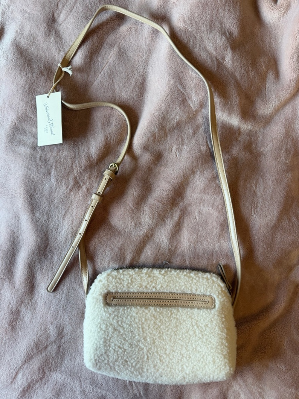Universal Thread Cream Sherpa Crossbody Bag with Tan Strap